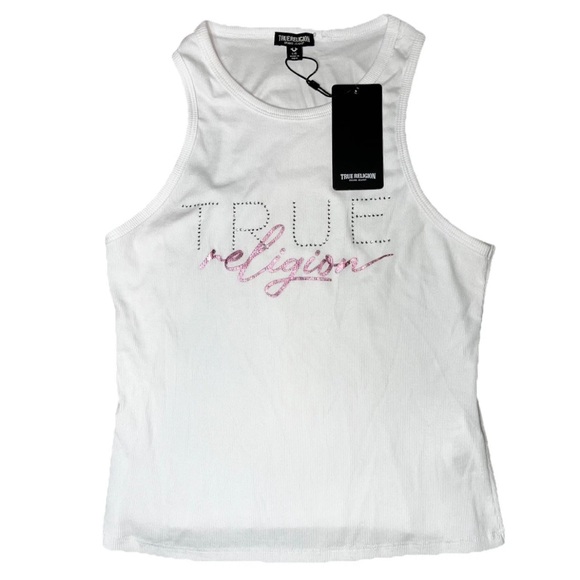 True Religion Tops - True Religion White Ribbed Bling Tank Top Pink Rhinestone Ladies Large NWT